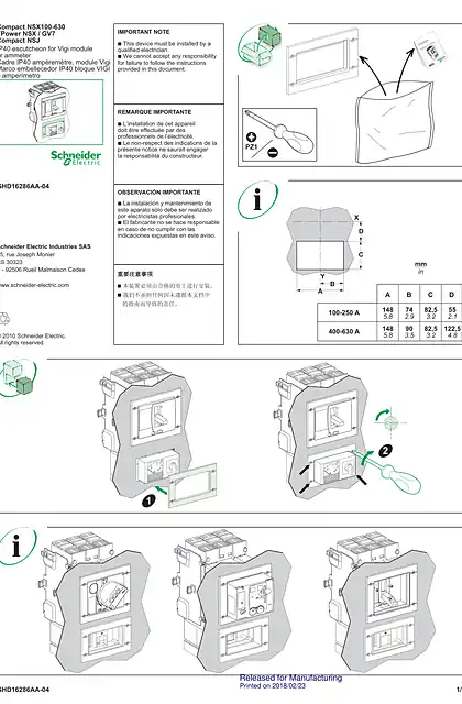 schneider施耐德Notice dinstallation du cadre IP40 ampèremètre_ module Vigi pour Compact NSX 100-630_ FPower NSX et GV7